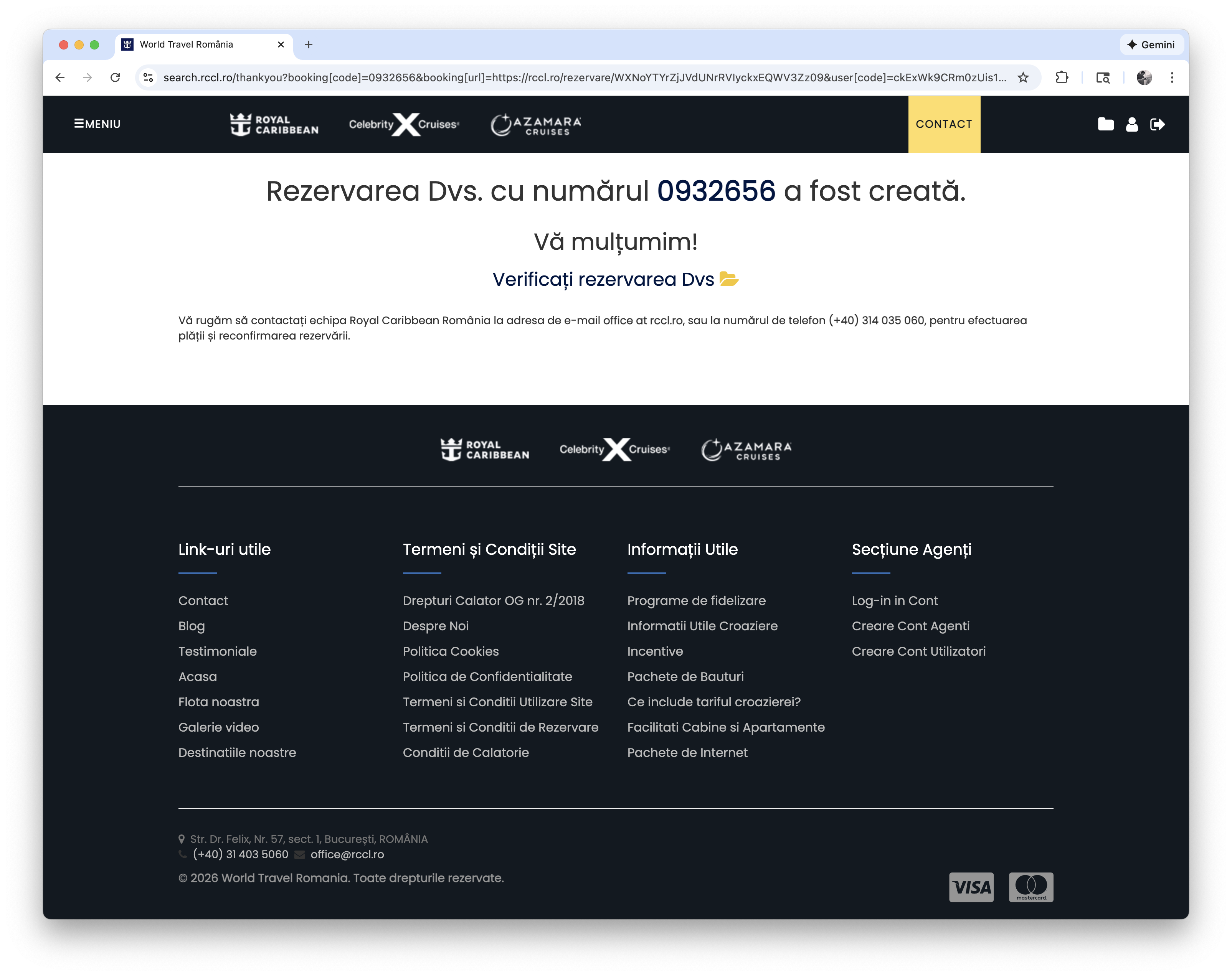 Booking confirmation on rccl.ro